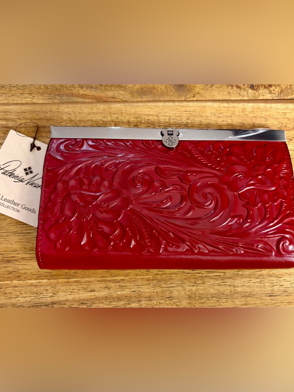 Patricia Nash Embossed Red Floral Wallet with Silver Frame